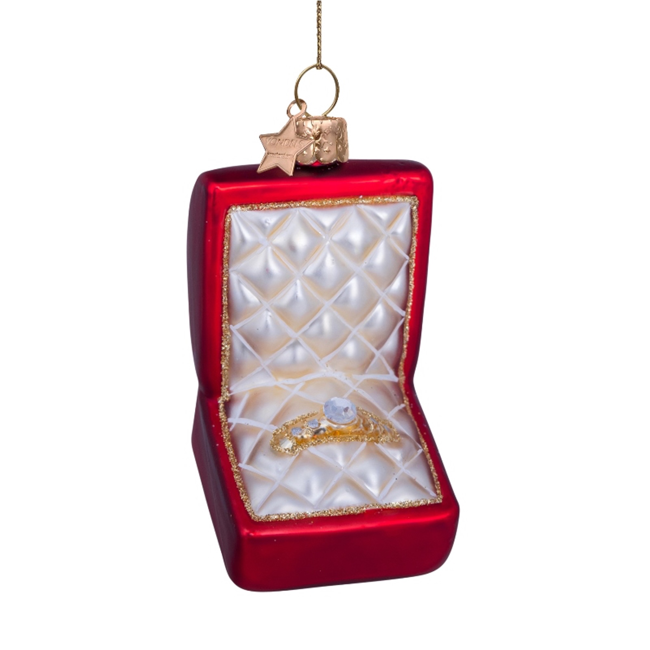 Vondels kerstbal trouwringdoosje met diamanten ring - rood