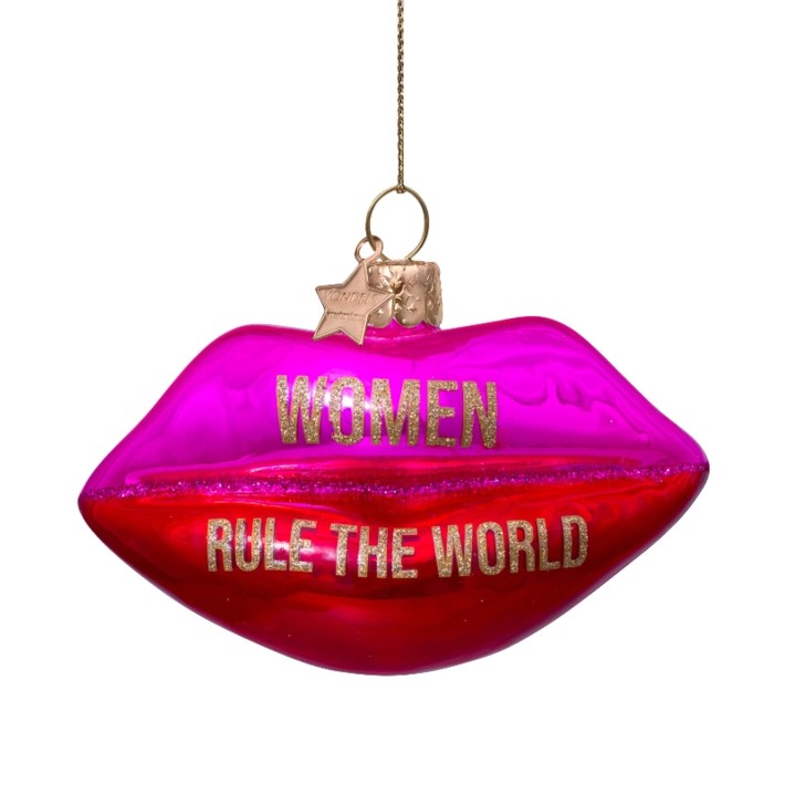 Vondels kerstbal lippen met 'women rule the world' - fuchsia/rood