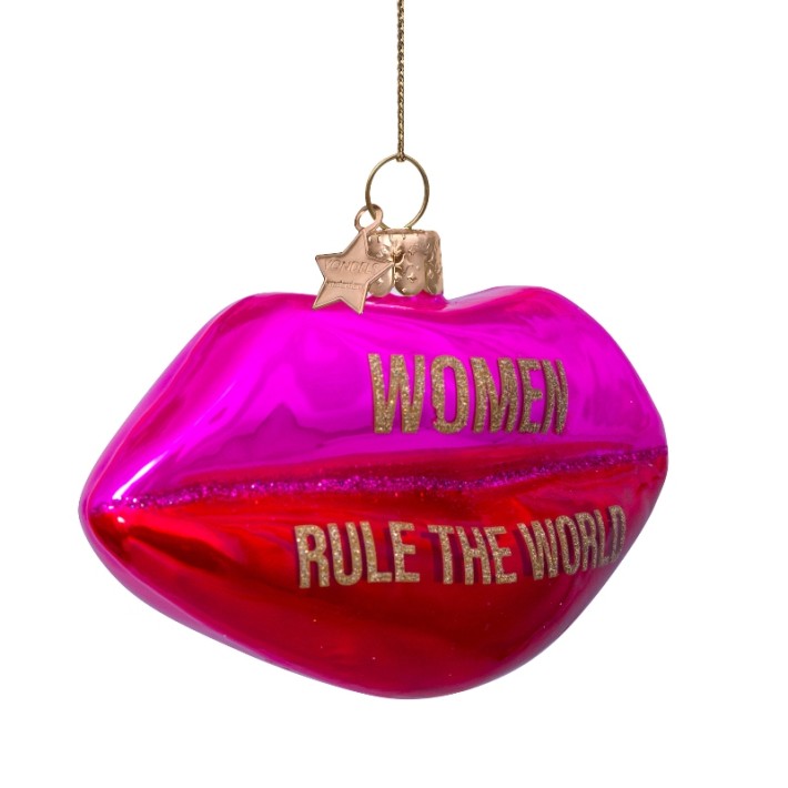 Vondels kerstbal lippen met 'women rule the world' - fuchsia/rood