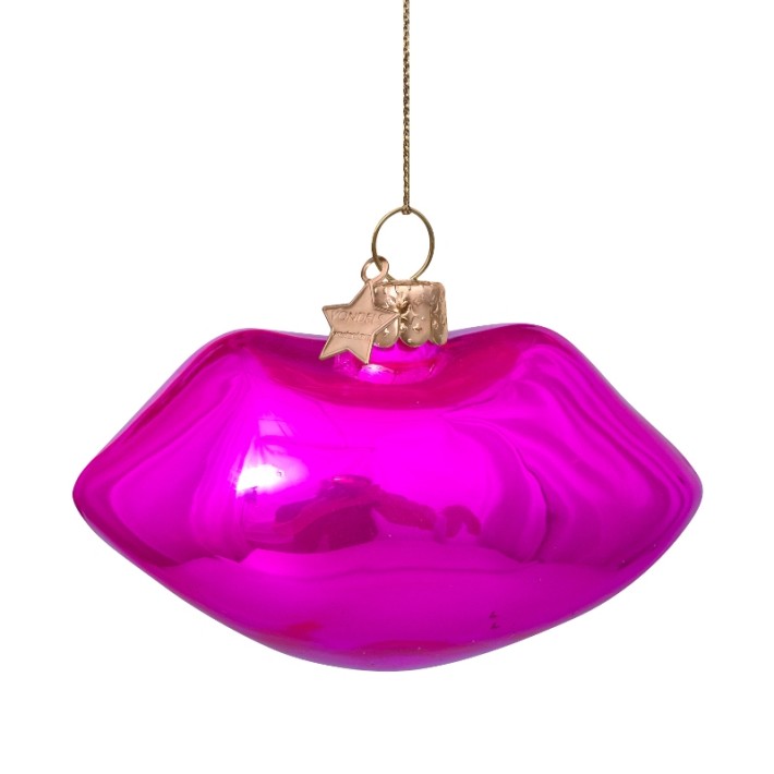 Vondels kerstbal lippen met 'women rule the world' - fuchsia/rood