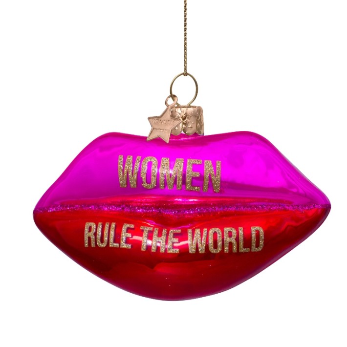 Vondels kerstbal lippen met 'women rule the world' - fuchsia/rood