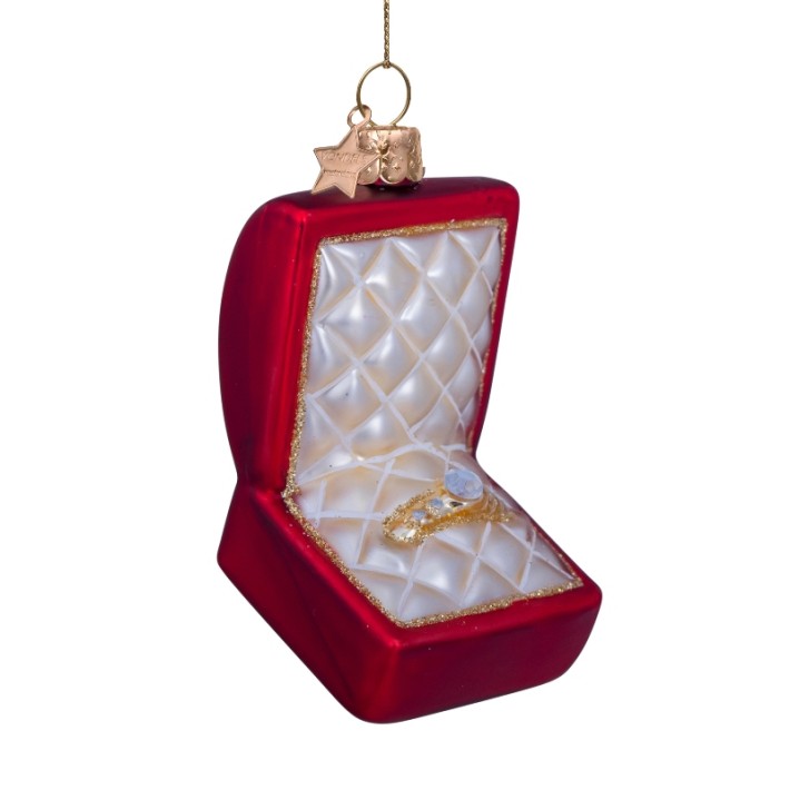 Vondels kerstbal trouwringdoosje met diamanten ring - rood
