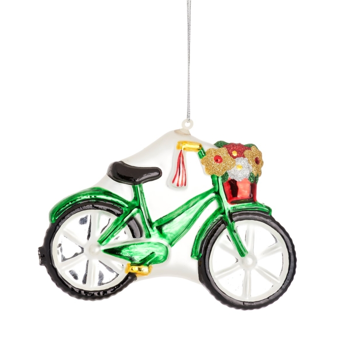 kerstbal fiets met mandje vol bloemen